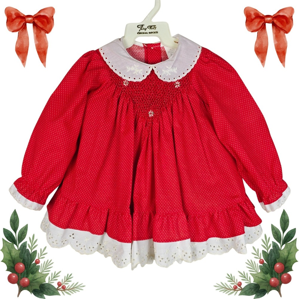 Vintage 80s Girls 24 Months Red‎ Christmas Dress Full Skirt White Ruffle Trim